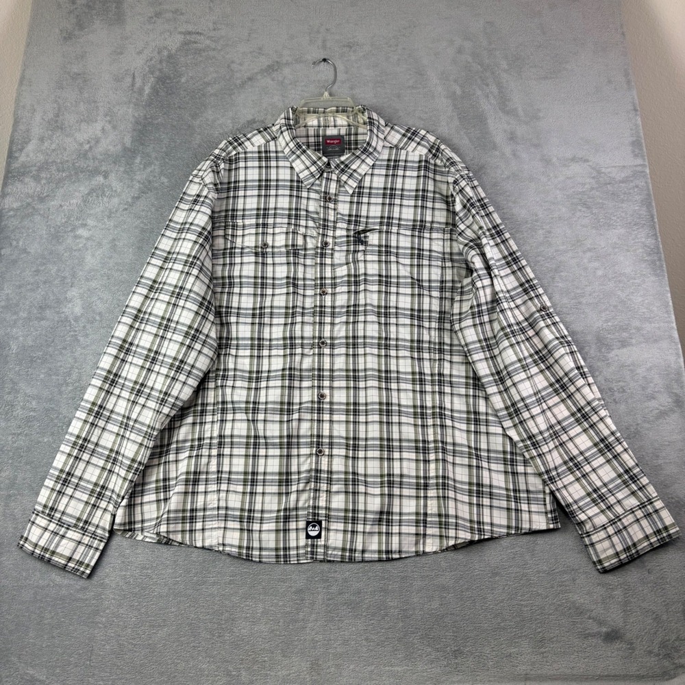 Wrangler 3XL White Green Plaid Outdoor Shirt Roll Tab Sleeves Stretch Hiking
